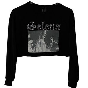 SELENA OFFICIAL MERCHANDISE - 2019 - BLACK WITH RHINESTONES LONG SLEEVE CROP B9